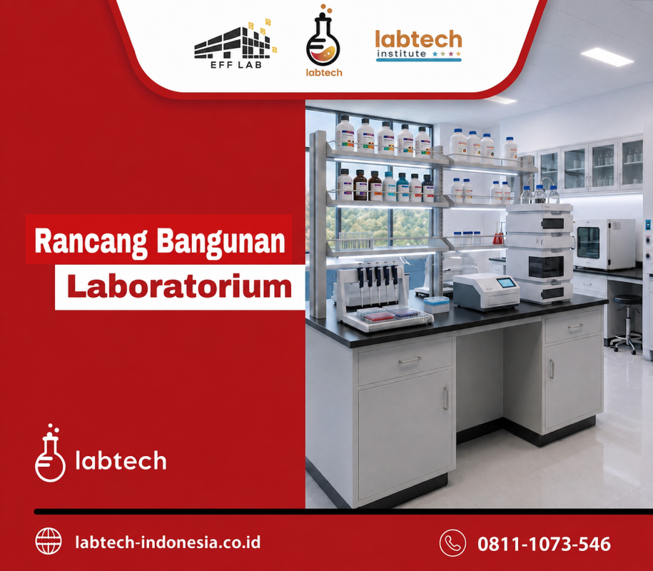 promosi rancang bangunan laboratorium modern dengan peralatan canggih.
