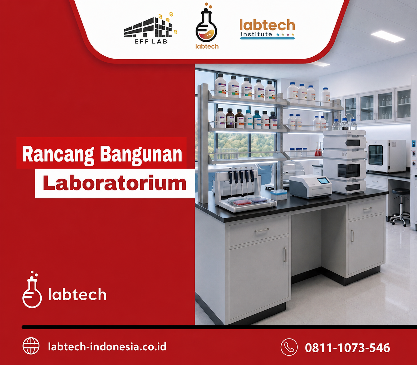 promosi rancang bangunan laboratorium modern dengan peralatan canggih.